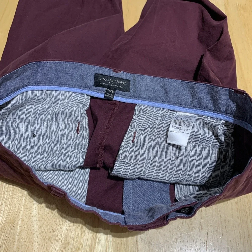 Banana Republic Fulton Skinny Chino Pants Mens 34X34  Zip Red/Burgundy